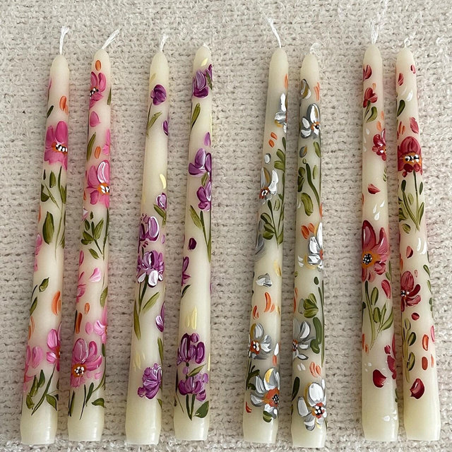 Hand Painted Peony Taper Candles: Spring Floral Dinner Decor, 2pc