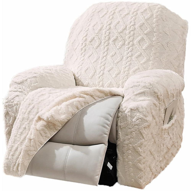 JOKIVTOU Recliner Chair Covers 4-Pieces, Soft, Stretchable, White, Modern Home Decor, Furniture Protector with Elastic Straps Bottom, Storage Pocket on Arm Cover