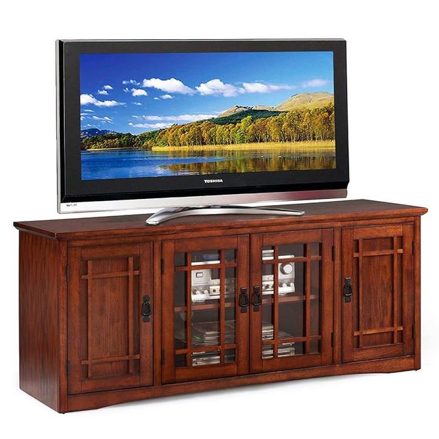 Leick Home 82360 Solid Wood Mission Oak Four Door TV Stand For 65" TVs Universal TV Console Living Room Storage Shelves Entertainment Center, Mission Oak