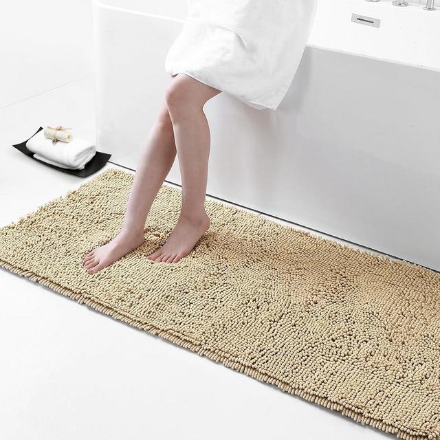 smiry Luxury Chenille Bath Rug 59''x20'', Extra Soft and Absorbent Shaggy Bathroom Mat Rugs, Machine Washable, Non-Slip Plush Carpet Runner for Tub, Shower, and Bath Room, Beige
