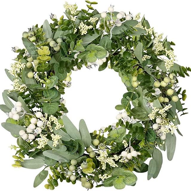 Green Eucalyptus Leaf Wreath, Vlorart 18 Inch Artificial Spring Wreaths for Front Door Decor Boxwood Wreath with Big Berries, Farmhouse Greenery Wreath Outside Year Round - Indoor/Outdoor