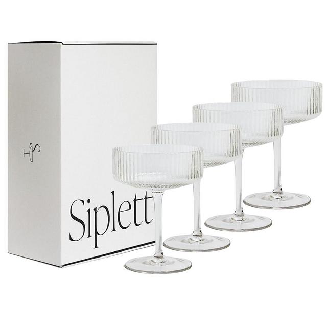 Siplett Luxe Champagne Coupe Glasses Set of 4 10 oz, Ribbed Martini Glasses with Gift Box, Vintage Champagne Glasses, Classic Cocktail Glasses with Stem