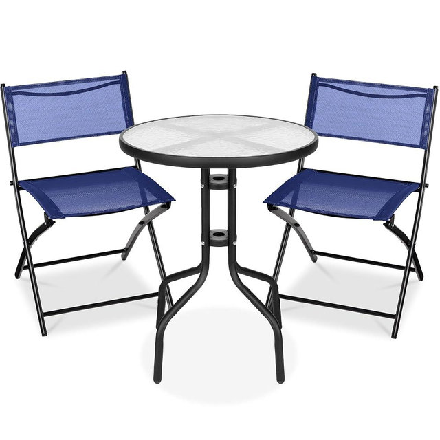 Best Choice Products 3-Piece Patio Bistro Dining Furniture Set w/Textured Glass Tabletop, 2 Steel Folding Chairs, Polyester Fabric - Navy