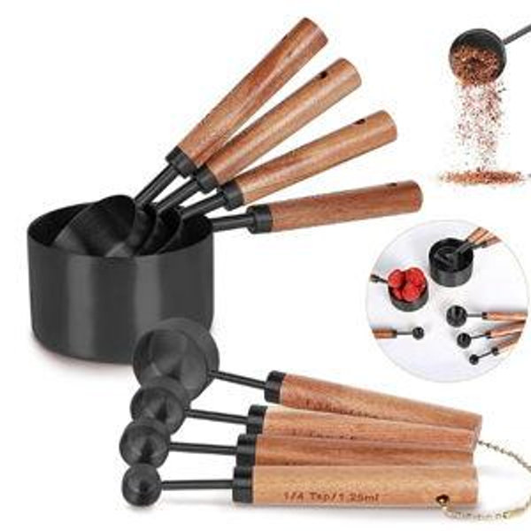 8-Piece Black Measuring Cups and Spoons Set, Stainless Steel Kitchen Measuring Set with Acacia Wood Handles for Baking and Cooking