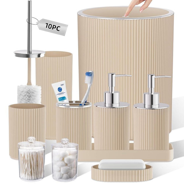 Beige Bathroom Accessories Set, 10PC Bathroom Set, Bath Accessory with Pop Up Trash Can, Soap Dispenser, Toilet Brush, Toothbrush Set Qtip Holders & Tray
