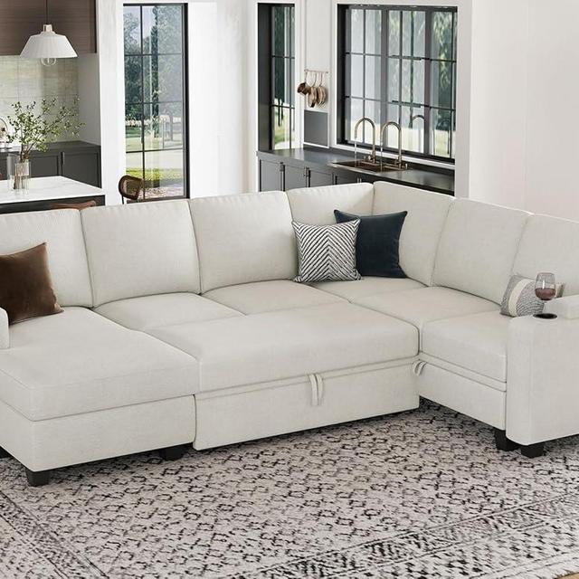 Belffin Sleeper Sofa Modular Sectional Pull Out Couch Bed U Shaped Sofa Couch for Living Room with Storage Chaise. White