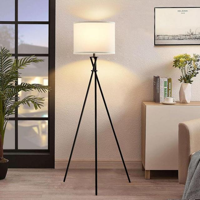 Tripod Floor Lamp, 61” Tall Floor Lamps, Standing Lamp with Rotary Switch, Modern Floor Lamp Simple Design with White Shade, Black Floor Lamps for Living Room, Bedroom, Office, Without Bulb