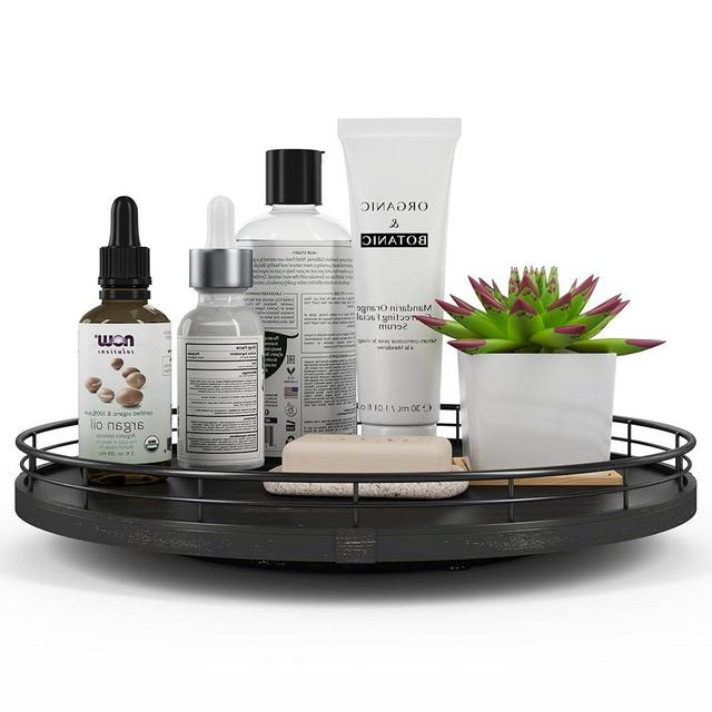 13" Oak Bathroom Vanity Tray Turntable for Perfume Candle, Round Wooden Decorative Tray for Kitchen Sink Countertop Organizer, Bathroom Counter Organizer for Skincare Makeup, Farmhouse Black Gold