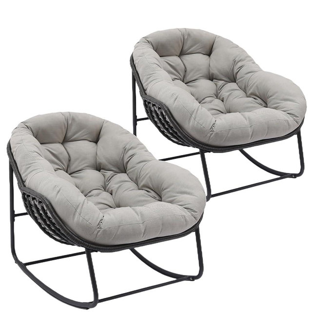 ZJEYEJZ Indoor & Outdoor Rocking Chairs Set of 2, Oversized Rattan Royal Rocking Chair with Padded Cushion, Rocker Egg Chair for Living Room, Patio, Front Porch, Backyard, Grey