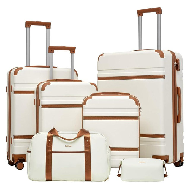 LONG VACATION Luggage Set 4 Piece Luggage ABS Carry on Suitcase Hardside Luggage with TSA Lock Spinner Wheels Travel Bag(White Brown, 6 piece set)