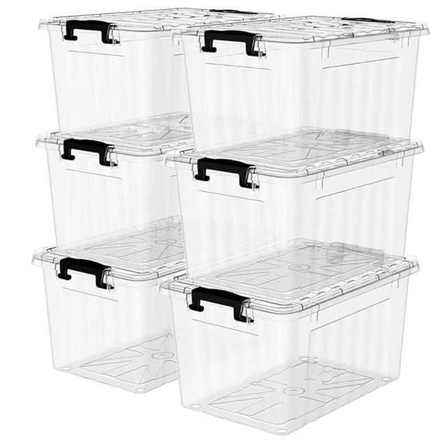 Cetomo Plastic Storage Bin Box Stackable and Nestable with Lid and Secure Latching Buckles, Clear, 18Qt x 6, Pack of 6