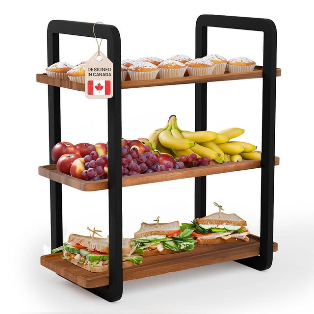 Ibyx 3 Tier Serving Tray Stand - Space-Saving Serving Platter for Desserts, Appetizers, Fruits & Snacks - Sturdy Acacia Wooden Tray for Parties, Events & Home Use (Black Frame - Brown Wood Body)