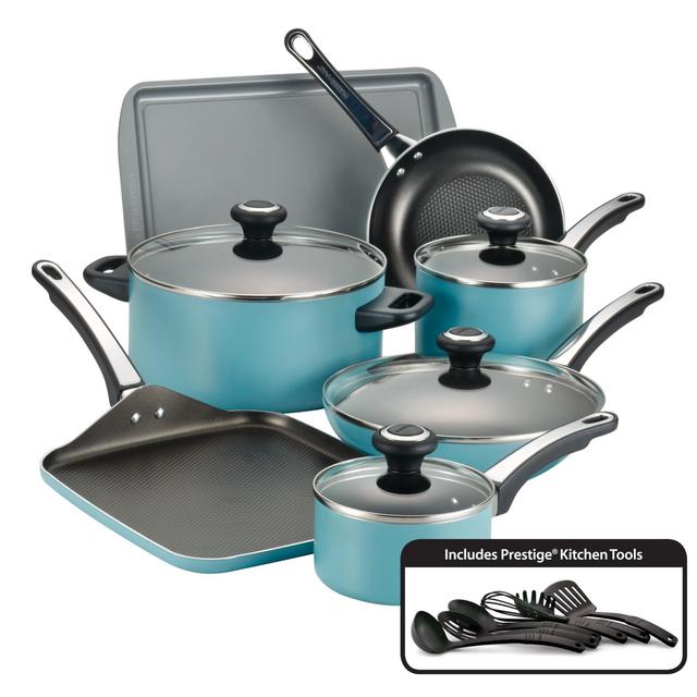 Farberware 17-Piece High-Performance Nonstick Pots and Pans Set/Cookware Set, Aqua