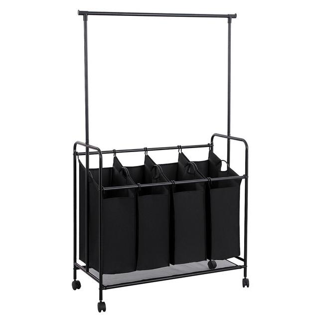 SONGMICS 4-Bag Rolling Laundry Sorter with Hanging Bar Heavy-Duty with Wheels Larger Bags Black URLS44B