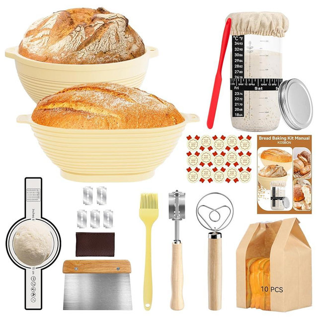 24 PCS Sourdough Starter Kit with 34oz Sourdough Starter Jar, Silicone Banneton Bread Proofing Baskets & Baking Tools Set Bread Baking supplies for Beginners, Easy to Clean Ideal Gift for Baking Gift