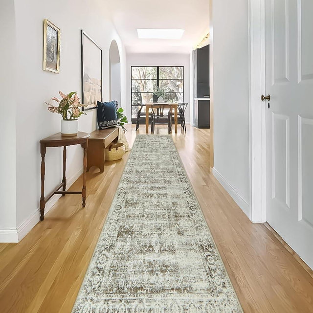 Morebes Vintage Long Runner Rug for Hallway 12 ft, Washable 12 Foot Runner Rug, Soft Non Slip Distressed Carpet Runners for Farmhouse Kitchen Living Room Dining Playroom, Brown