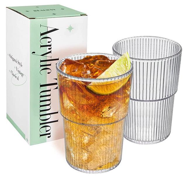 REALWAY Plastic Tumblers, Unbreakable Ribbed Glasses,17OZ Origami Style Drinking Cup, Plastic Glasses Drinking Dishwasher Safe, Clear Plastic Cups Reusable-Stackable-Acrylic Cups for Kitchen, Set of 2