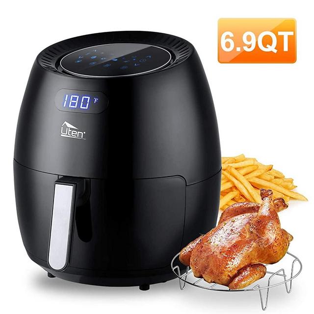 Uten Air Fryer XL, 6.9QT 1700W Electric Hot Air Fryer with Temperature Control & Timer Knob, Fast Oven Oilless Cooker with Grill Rack, Non Stick Fry Basket, Dishwasher Safe, UL Listed - Black