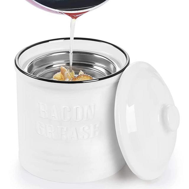 Ceramic Bacon Grease Container Keeper with Strainer,1L Frying Oil Storage Can White
