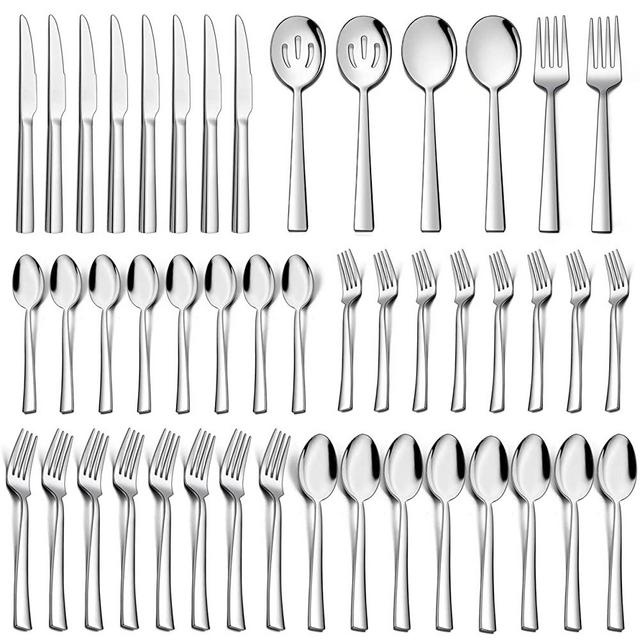 Homikit 46-Piece Silverware Set with Serving Utensils, Stainless Steel Square Flatware Cutlery Set for 8, Modern Home Restaurant Hotel Eating Utensils, Includes Fork Spoon Knife, Dishwasher Safe