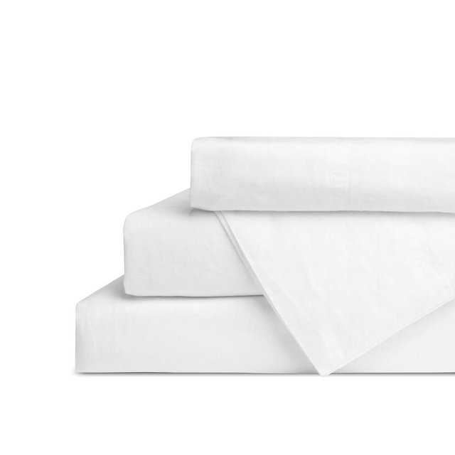 Linen Home Washed Cotton Percale Queen Sheet Set, White, Deep Pocket, 4 Pieces Bed Sheets - 1 Flat Sheet, 1 Fitted Sheet & 2 Envelope Closure Pillowcases, Cool and Comfortable Bed Linen