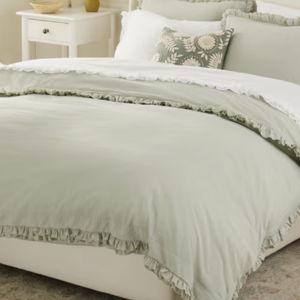 Astor Ruffle Washed-Percale Duvet Cover (Color: Basil, Size: Queen)