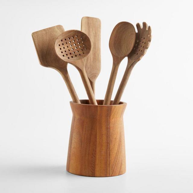 Crate & Barrel Acacia Utensils with Holder, Set of 6