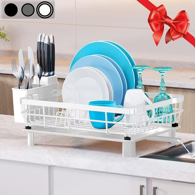 MOUKABAL Dish Rack- Durable Dish Drying for Kitchen Counter,Dish Drainers with Drainboard,Kitchen Organization and Storage for New Apartment (White)