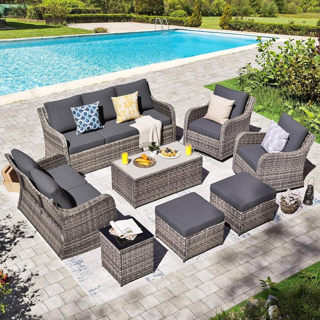 MEISSALIVVE Patio Furniture Set with Swivel Rocking Chairs, 8 Pieces Patio Conversation Set, Outdoor Wicker Sofa Couch with Waterproof Cushions for Lawn Backyard Porch (Grey)