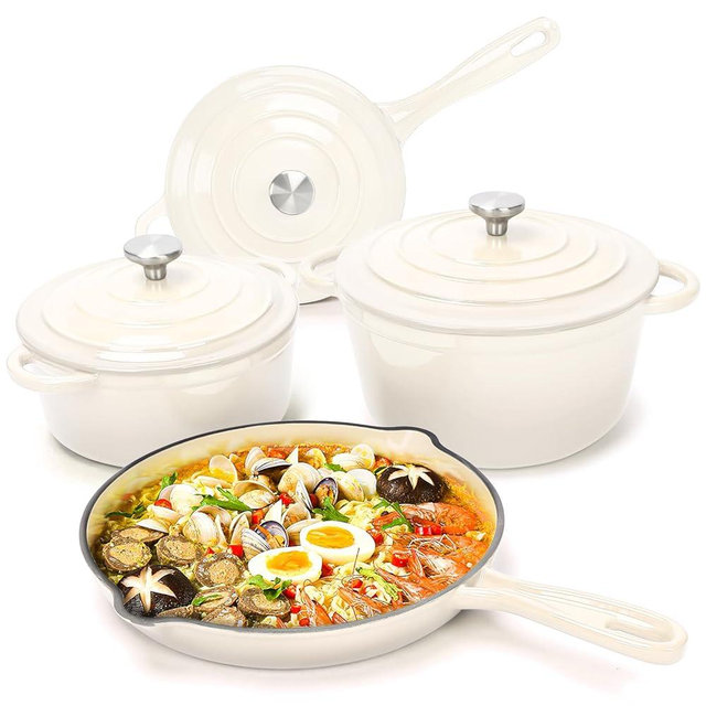 Hisencn 7-Piece Enameled Cast Iron Cookware Set-Dutch Ovens, Skillet & Saucepan with Lids- Ceramic Coated, Heavy Duty, Gas/Induction Compatible, Oven Safe to 550°F, PFOA-Free, Cream White