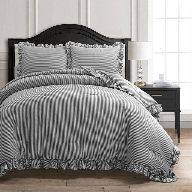 Lush Décor 3pc Full/Queen Reyna Striped Reversible Comforter Bedding Set Gray/White: Polyester, Machine Washable, Includes Shams