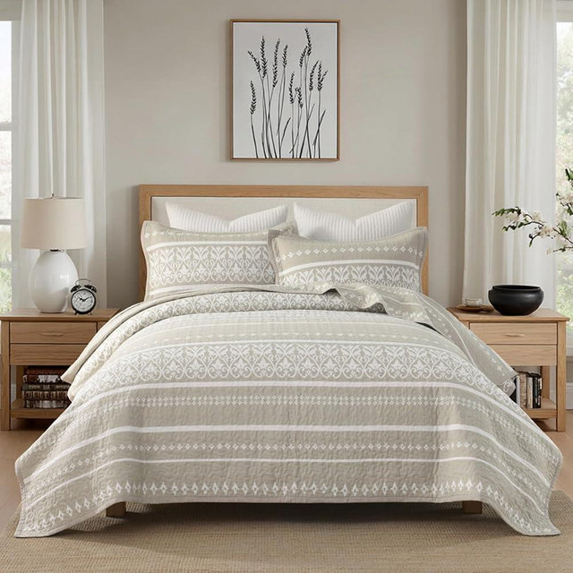BCOTTOND Queen Quilt Set, 100% Cotton Boho Quilt Queen Size Bohemian Striped Pattern Bedspread Queen Lightweight Quilt Bedding Set Comforter Set All Season, 3 Pieces, Beige Grey