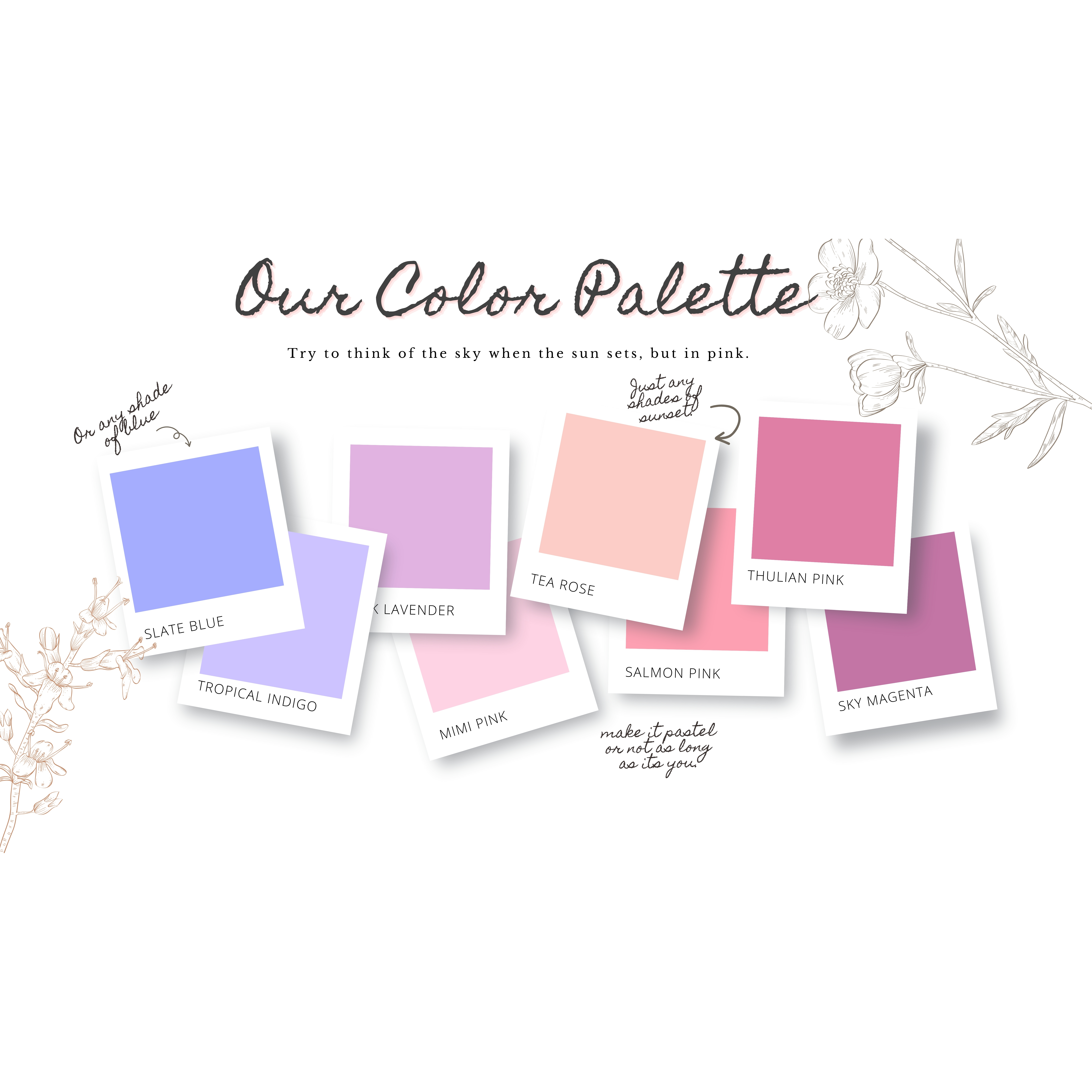 We highly encourage our guests to wear these colors for our special day. We also add a collage for the attire inspiration.