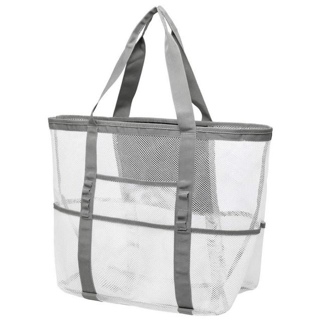 Mesh Beach Bag, F-color Oversized Beach Tote 9 Pockets Beach Toy Bag, Family Lightweight Travel Tote Bag for Women, Beach, Pool, Picnic, White