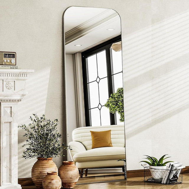 HARRITPURE 57"x20" Full Length Mirror Full Body Mirror Top Rounded Corner Aluminum Frame Hanging or Leaning Wall Floor Mirror with Stand for Living Room Bedroom Cloakroom,Silver