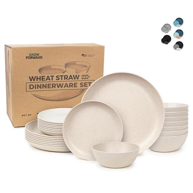 Grow Forward 24-piece Premium Wheat Straw Dinnerware Sets for 8 - Dinner Plates, Dessert Plates, Cereal Bowls - Unbreakable Microwave Safe Plastic Plates and Bowls Sets, RV, Kitchen Dishes - Sahara