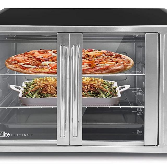 Elite Gourmet ETO-4510M Double French Door Countertop Convection Toaster Oven, Bake Broil Toast Rotisserie Keep Warm 12"-14" pizza 2 Racks, 18-Slice, 45 L, Stainless Steel & Black