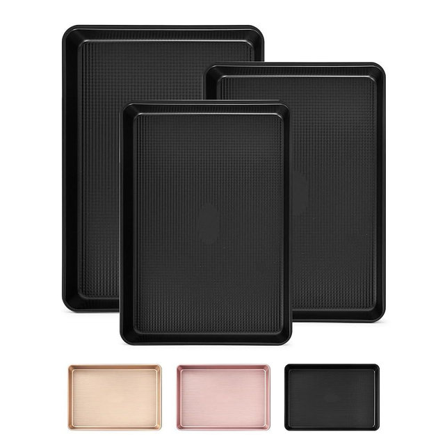 Professional Non-Stick Baking Sheets Set, 3-Piece Heavy Duty Carbon Steel Cookie Sheets with Oven Safe & Even Heating for Baking, Roasting, Cooking (Black)