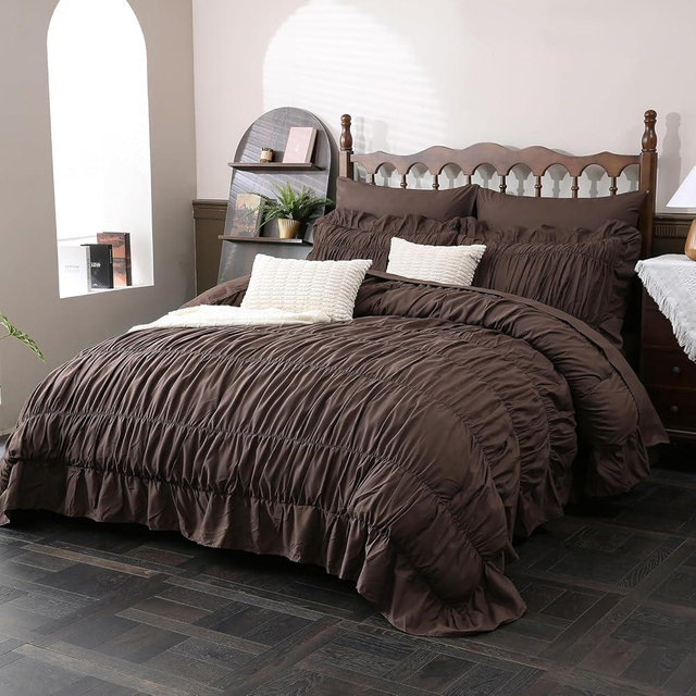 Herside Brown Ruffle Comforter Set Queen Size,Ruched Boho Bedding 9 Pcs Bed-in-a-Bag,Luxury Bedding Set with Sheet,Shabby Chic Quilt Set Soft Fluffy Vintage Comforter for Room Decor All Season