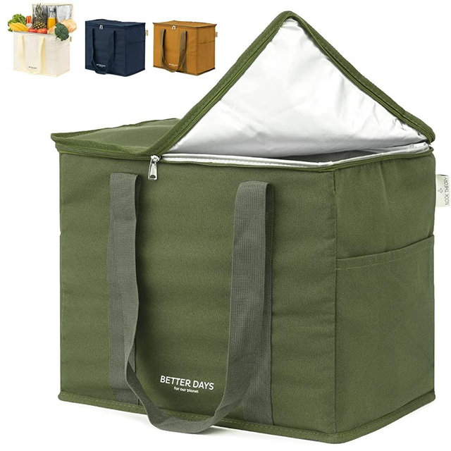 Insulated Reusable Grocery Bag - 12 oz Canvas, Zippered Top, XL - Shopping Bags For Groceries - Cooler Bags Insulated For Frozen Cold Hot Food Drinks - Insulated Bag For Beach, Picnic (Forest Green)