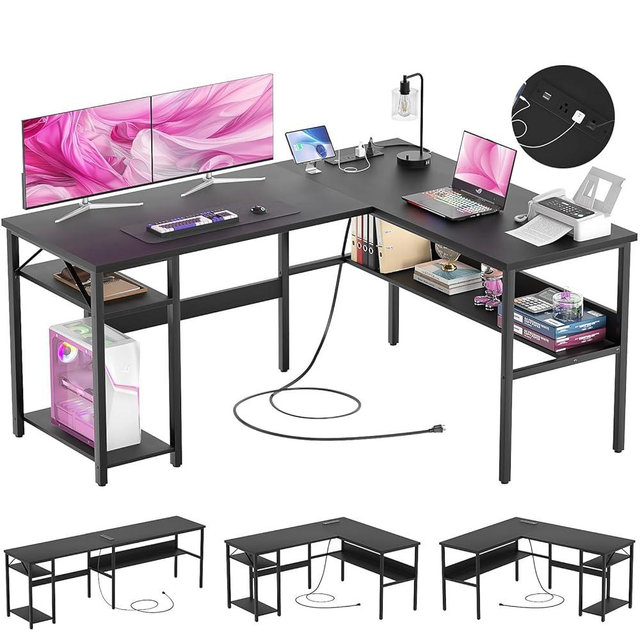 Hyomdeck Reversible L Shaped Computer Desk with Power Outlets and USB Charging Ports, Sturdy Corner Desk with Storage Shelf, Modern Work Gaming Table for Home Office, Easy to Assemble, Black