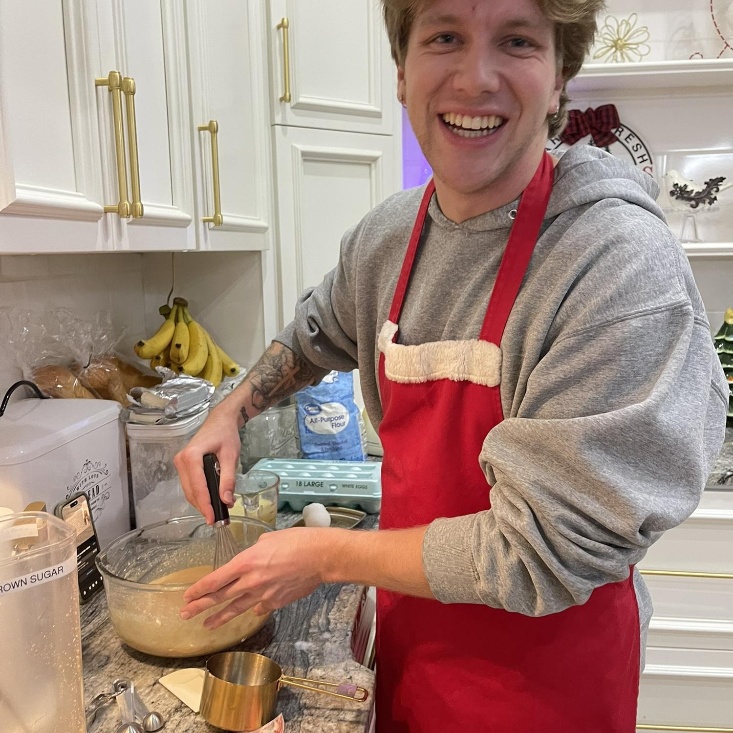 Alex making Grace’s family butterscotch pie!