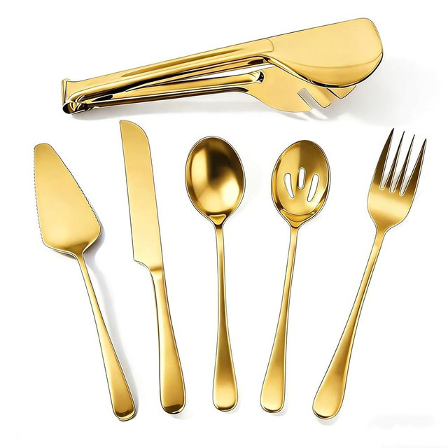 6 PCS Premium Stainless Steel Serving Utensils Set, Large Serving Spoons Slotted Spoons, Forks, Ice Tongs, Cake Server, Soup Ladle, Metal Flatware Set for Buffet Catering Banquet Home Party (Gold)