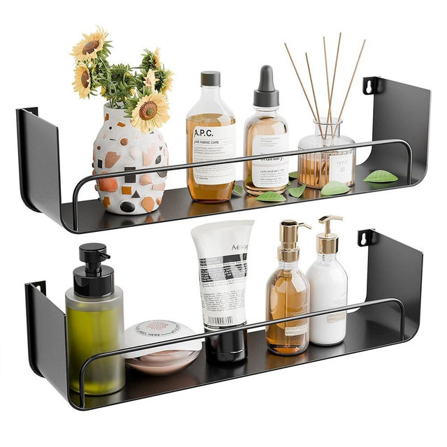 YEMNMFH 16 Inch Black Floating Shelves Set of 2, Narrow Iron Bathroom Shelves with Guardrail, U-Shaped Wall Mounted Shelf for Home Decor&Organizer, Display Shelf for Bathroom,Kitchen,Bedroom&Any Room