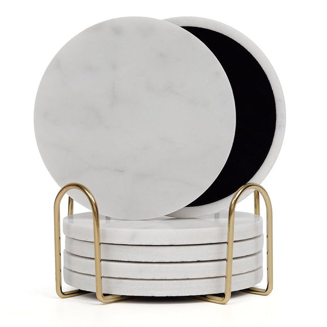 YONGHEE Carrara White Marble Coasters Set of 6 with Holder, Elegant Modern Round White Marble Drink Coasters for Coffee Table Decor, Semi Absorbent Stone Coaster for Drinks, Velvet Backed