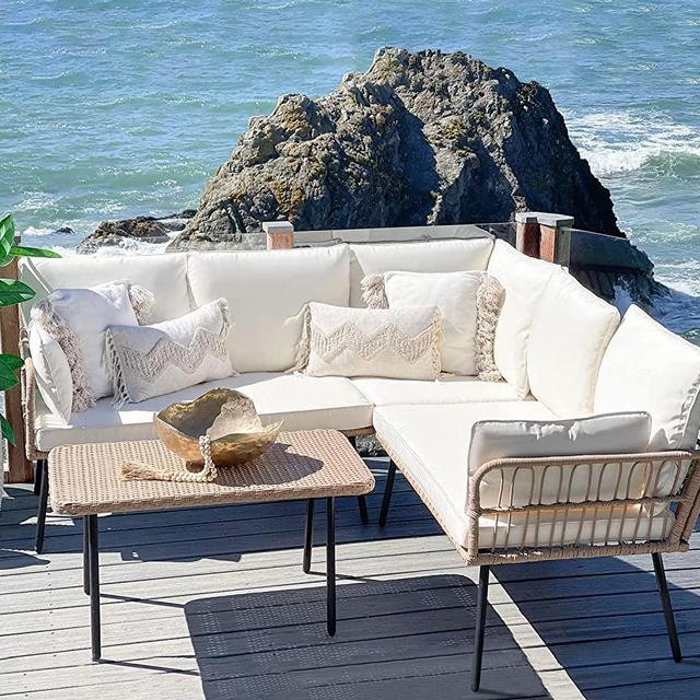 YITAHOME 3 Pieces Patio Furniture Set, Outdoor Rattan Woven Conversation Sectional L-Shaped Sofa with 5 Seater for Backyard, Porch, Boho Detachable Lounger with Cushions and Side Table - Beige