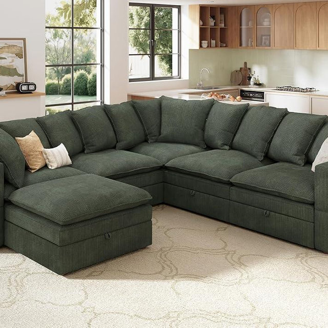 HONBAY Modular Sectional Sofa, U Shaped Couch with Storage, Corduroy Sectional Couches for Living Room, Green