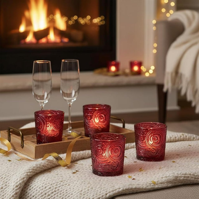 Wild Berry Red Sun Moon Stars Glass Tealight Holders, 6 Pack | Patented Embossed Design, Elegant Candlelight Decor, For Tealights or Mini Candles, Multiple Color Options
