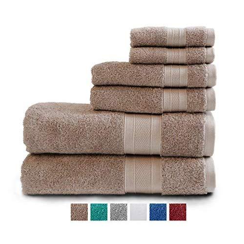 TRIDENT Soft & Plush 100% Cotton Towels, 6 Piece Set - 2 Bath Towels, 2 Hand Towels, 2 Washcloths, Super Soft and Highly Absorbent (Acorn)