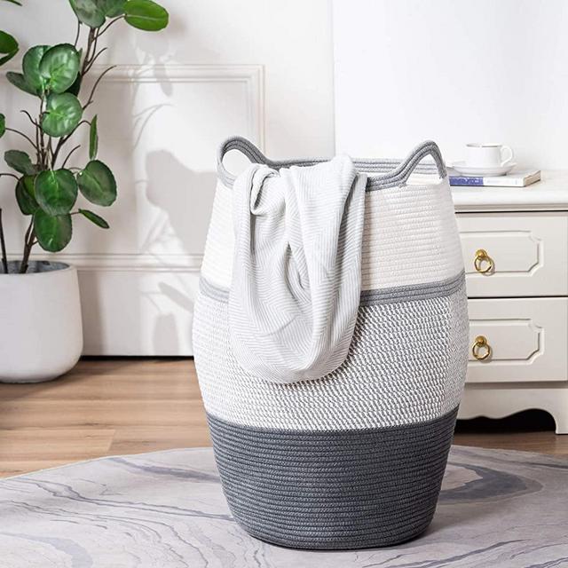 TECHMILLY Tall Woven Rope Laundry Hamper, Extra Large Modern Dirty Clothes Basket Storage Blankets, Toys for Bedroom, Living Room - 100L - Gradient Gray